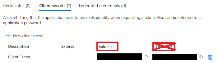 "Image shows 'Client Secrets' Page with 'value' highlighted
