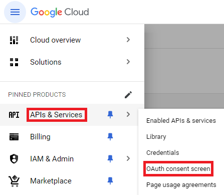 "Image shows Google console for a project with 'APIs & Services' highlighted and selected and 'OAuth consent screen' option highlighted"