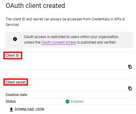 "Image shows 'OAuth client created' page with the 'Client ID' and 'Client secret' fields highlighted"