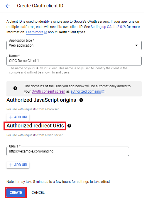"Image shows 'Create OAuth client ID' page and highlights 'Authorized redirect URIs' along with a blue create button at the bottom"